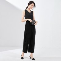欧昵雪夏季百褶拼接坠感直筒阔腿裤女无袖高腰连体裤长裤