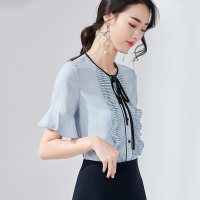 欧昵雪夏季蝴蝶结系带圆领喇叭袖衬衣女短袖气质衬衫上衣