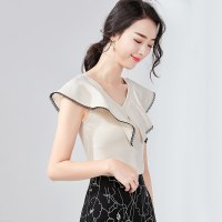 欧昵雪夏季韩版气质V领荷叶边短袖洋气时尚小衫女T恤上衣