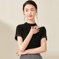 欧昵雪夏季纱拼接短袖性感露肩小心机上衣女圆领T恤衫