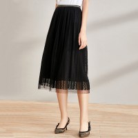 欧昵雪夏季高腰百搭显瘦中长黑色纱裙拼接蕾丝半身裙女