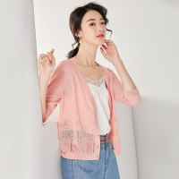 欧昵雪夏季镂空短款七分袖针织衫开衫女空调衫外套防晒衣