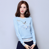 欧昵雪秋装精美绣花气质毛针织衫宽松套头长袖毛衣女春秋