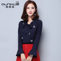 欧昵雪秋装名媛气质蝴蝶结立领上衣时尚绣花长袖雪纺衬衫