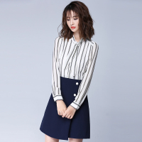 欧昵雪秋装假两件拼接条纹雪纺连衣裙女长袖职业短裙裙子