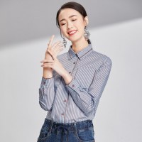 欧昵雪秋装气质OL条纹衬衫女打底上衣双口袋翻领长袖衬衣