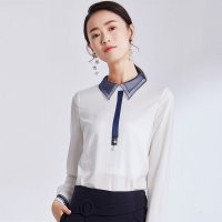 欧昵雪秋装网纱拼接Polo领套头衬衫女长袖OL气质白色上衣