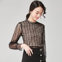 欧昵雪秋装镂空立领拼接透视长袖蕾丝衫上衣女洋气小衫