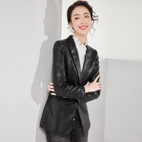 欧昵雪秋冬季系带收腰显瘦中长款西装版型皮衣外套女长袖