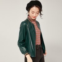 欧昵雪秋冬休闲撞色V领宽松PU皮衣女气质显瘦棒球服上衣