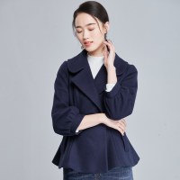 欧昵雪秋冬季小个子九分袖荷叶边收腰毛呢外套女呢子大衣