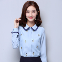 欧昵雪百搭蓝色精美碎花绣花衬衫娃娃领长袖雪纺上衣