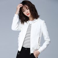 欧昵雪白色气质荷叶领休闲百搭短外套刺绣长袖插袋上衣女