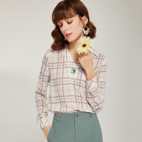 欧昵雪翻领套头格子衬衫上衣女长袖气质衬衣时尚小衫