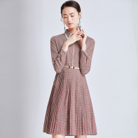 欧昵雪圆点花色高腰衬衫领连衣裙女长袖百褶A字裙