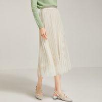 欧昵雪春夏淑女气质高腰百褶裙子女中长款仙女网纱半身裙