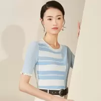 欧昵雪夏季木耳边短袖毛衣女套头拼接条纹薄款针织衫上衣