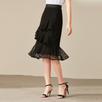 欧昵雪蕾丝半身裙女夏季荷叶边中长款高腰包臀显瘦A字裙