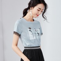 欧昵雪字母趣味印花立体花朵蕾丝拼接短袖圆领宽松纯棉T恤女夏季