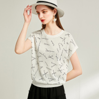 欧昵雪夏季圆领字母印花宽松遮肚子针织衫女短袖薄款上衣