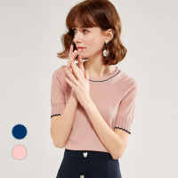 欧昵雪夏季撞色圆领短袖显瘦针织衫上衣女修身薄款毛衣