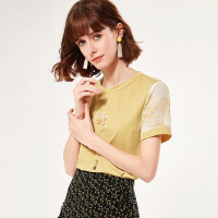 欧昵雪夏季休闲圆领拼接蕾丝短袖贴布绣T恤女显瘦上衣