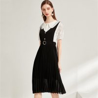 欧昵雪夏季V领拼接收腰雪纺百褶背带连衣裙女无袖背心裙