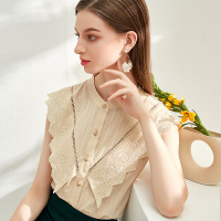 欧昵雪夏季立领拼接镂空花边无袖小衫女洋气设计感上衣
