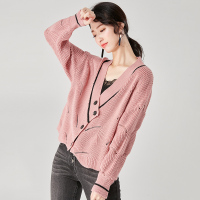 欧昵雪镂空V领蝙蝠袖宽松慵懒风毛衣外套女开衫长袖