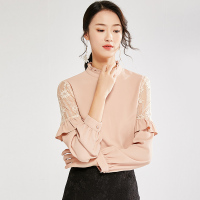 欧昵雪荷叶边蕾丝长袖立领衬衫上衣女洋气时尚小衫