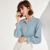 欧昵雪灯笼袖时尚宽松立领衬衫上衣女长袖格子衬衣