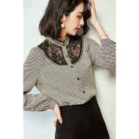 欧昵雪立领拼接蕾丝显瘦格子衬衫女设计感长袖上衣