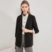 欧昵雪翻领一粒扣显瘦中长款西装外套女条纹内衬西服