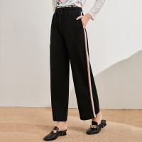 欧昵雪高腰系带垂坠感阔腿裤女宽松直筒开叉休闲长裤