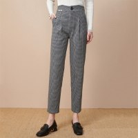 欧昵雪冬装复古高腰显瘦格纹毛呢烟管裤女小脚九分哈伦裤
