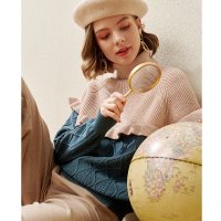 欧昵雪冬装高领拼接木耳边撞色宽松毛衣女显瘦长袖针织衫