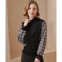 欧昵雪秋冬装小众半高领宽松保暖卫衣女格子长袖上衣