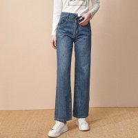 欧昵雪秋冬不对称高腰水洗牛仔裤女阔腿裤喇叭裤休闲长裤