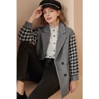 欧昵雪冬装翻领拼接格子长袖宽松毛呢外套女保暖呢子大衣
