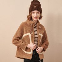 欧昵雪冬装半高领皮毛一体加厚短款外套女显瘦羊羔毛大衣