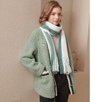 欧昵雪秋冬条纹螺纹麂皮绒复合颗粒绒女长袖绒衫外套