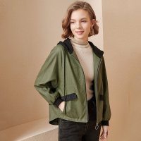 欧昵雪秋冬装时尚连帽拼色木耳边拼接外套女宽松PU皮衣