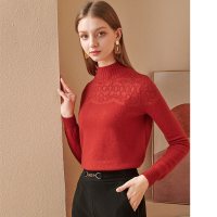 欧昵雪冬装半高领拼接欧根纱羊毛针织衫女显瘦打底毛衣