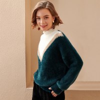欧昵雪冬装立领撞色仿水貂毛针织衫上衣女显瘦慵懒风毛衣