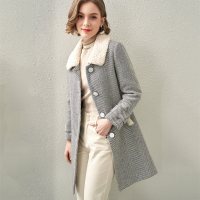 欧昵雪冬装羊羔毛翻领人字呢保暖外套女中长款呢子大衣