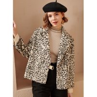 欧昵雪冬装翻领仿兔毛加绒豹纹短款外套女显瘦宽松夹克