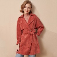 欧昵雪冬装翻领双排扣收腰灯芯绒风衣外套女中长款大衣