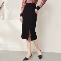 欧昵雪冬装高腰显瘦开叉针织半身裙女坑条纹毛线包臀中裙