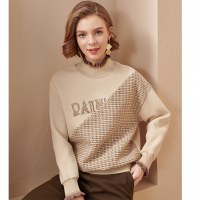 欧昵雪冬装木耳边半高领字母绣花抓绒卫衣女拼色呢子上衣