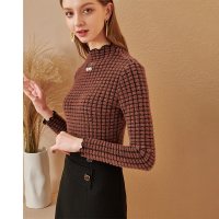 欧昵雪冬装波边立领仿貂毛格子针织衫上衣女显瘦打底毛衣